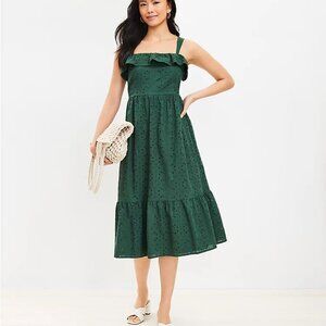 Loft Eyelet Ruffle Square Neck Midi Dress Green Tiered Lace Boho Size 10 NEW